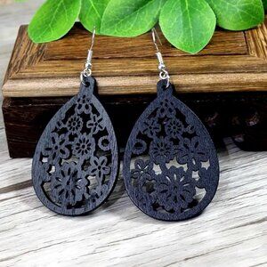 Ellisa Raine Sweet Black Floral Wood Filigree Water Drop Earrings Gift Packaged